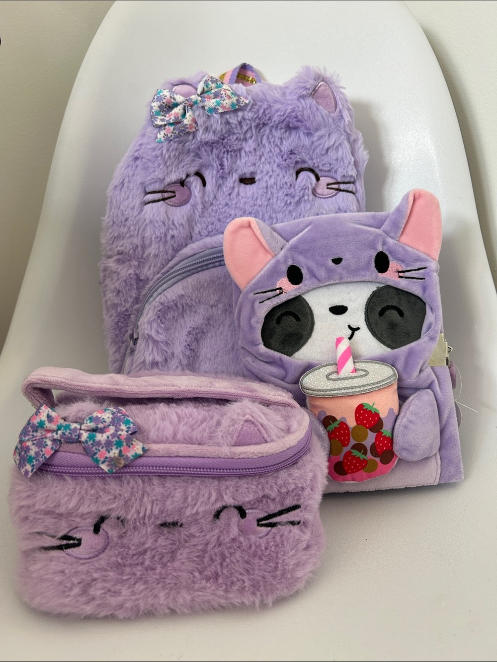 Plush Lilac Cat Kids Backpack, Jornal with Key + Pencil Case Set 💜